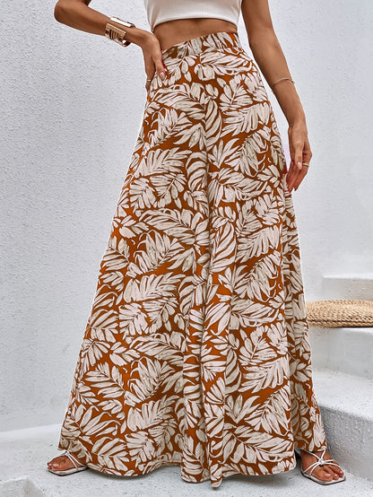 Women's High Waist Leaf Print Wide Leg Palazzo Pants - Super Long Flowy Bohemian Style, Machine Washable Non-Stretch Fabric for Spring & Autumn Casual Wear, Autumn Apparel, Lightweight Design