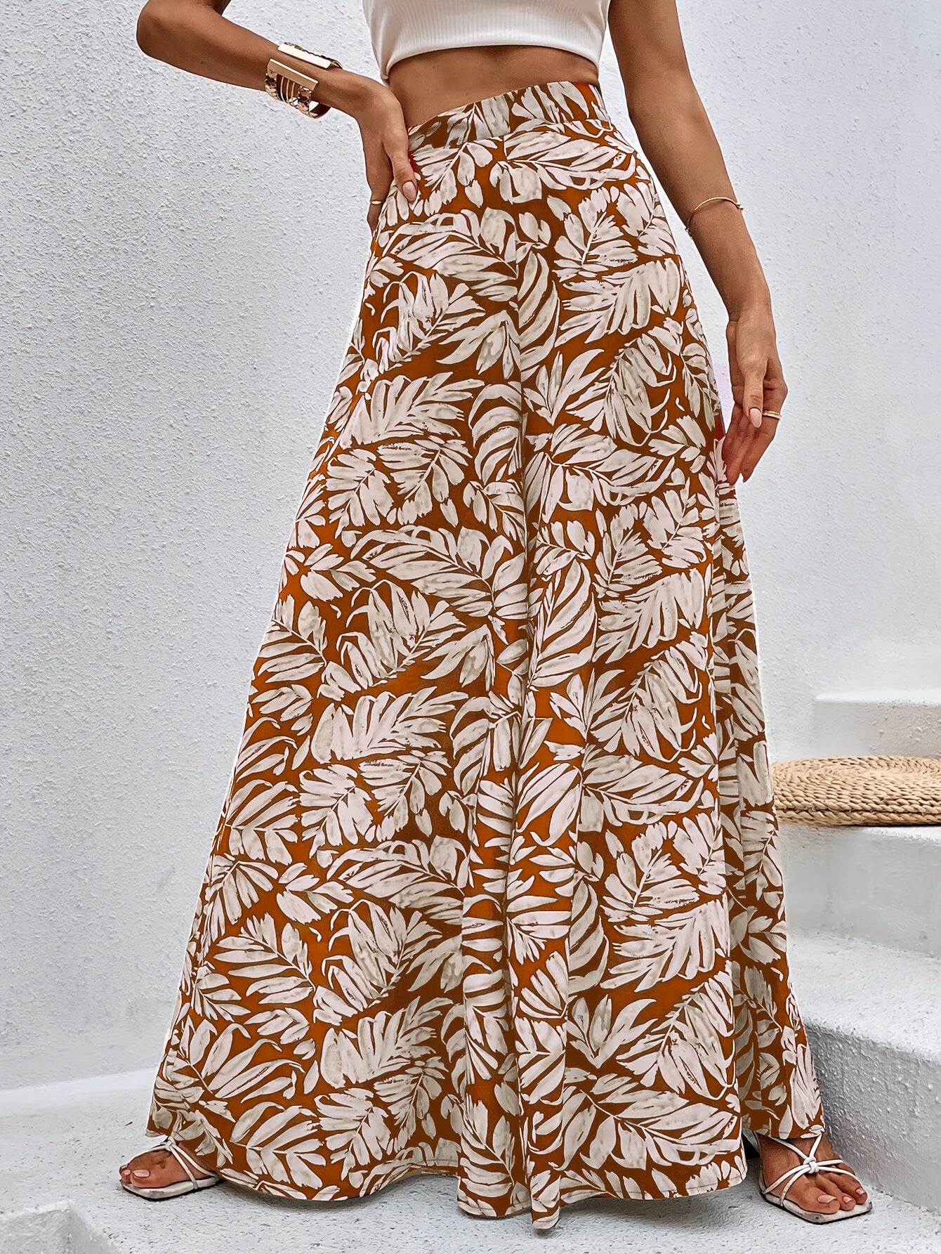 Women's High Waist Leaf Print Wide Leg Palazzo Pants - Super Long Flowy Bohemian Style, Machine Washable Non-Stretch Fabric for Spring & Autumn Casual Wear, Autumn Apparel, Lightweight Design