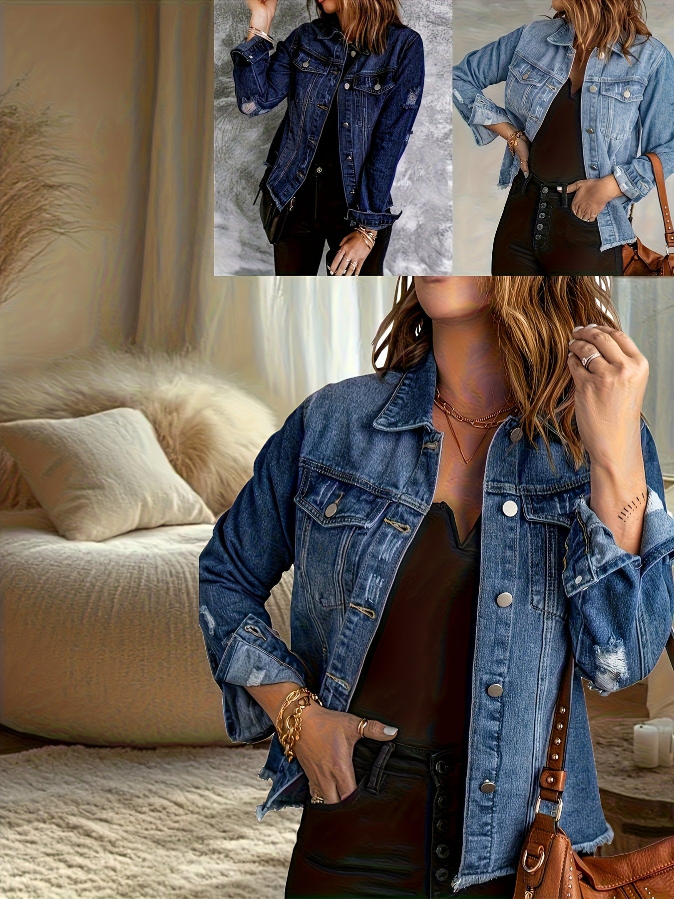 Women's Ripped Washed Button-Up Denim Jacket Coat with Pockets, Casual Classic Distressed Denim Outerwear TZ001