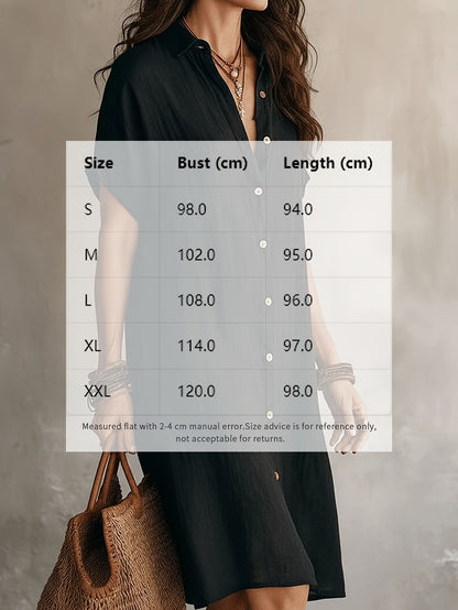 Shirt Dress, Fashionable and Casual, Solid Color, Short Sleeve, Buttoned, Mid-length Dress