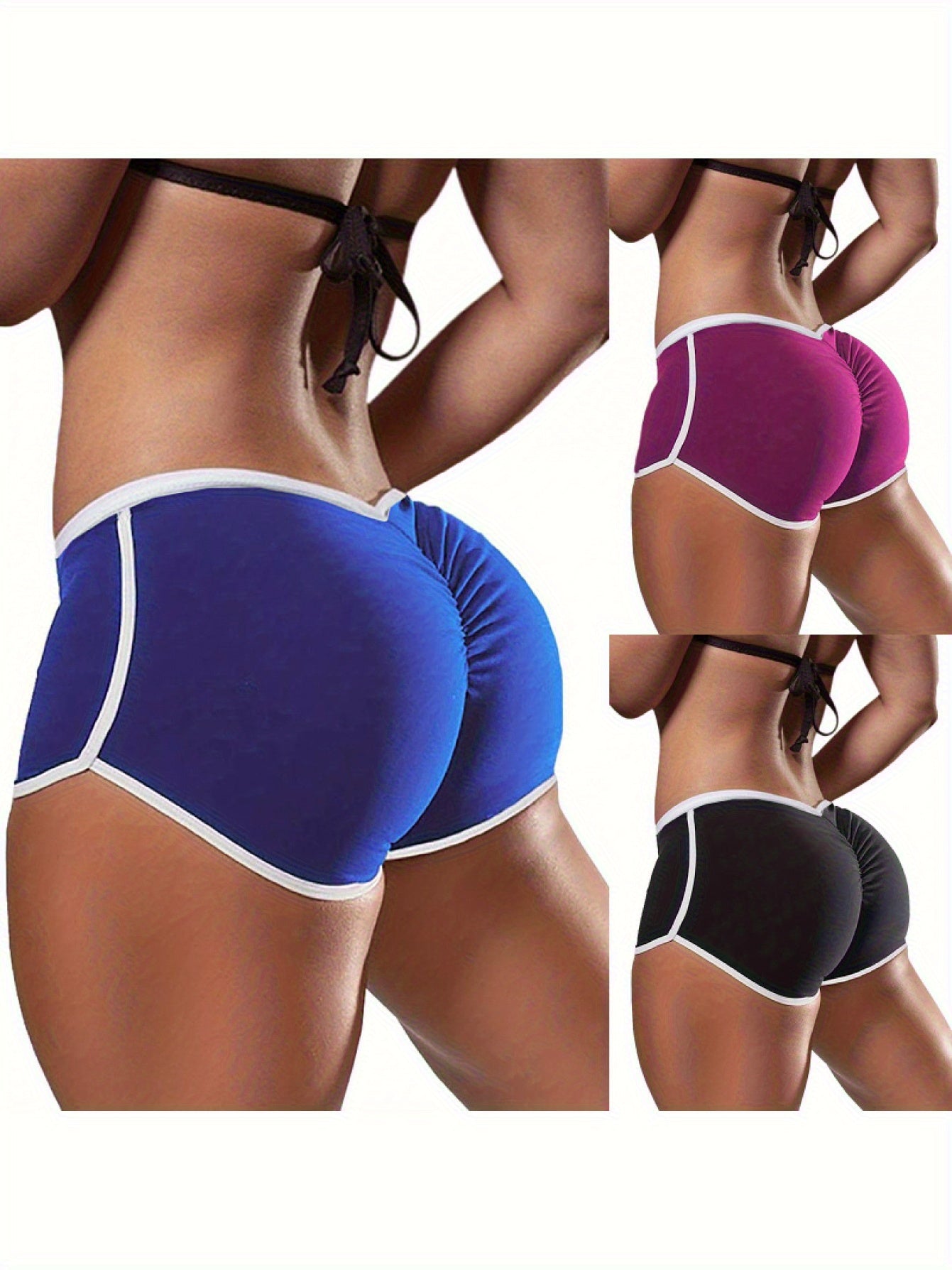 3 Women'S Shorts - Low Waist Opaque Compression Hip Lift Design, Tight Bikini Style Shorts, Blue/ Purple/ Black, Suitable for, Casual Wear, Easy-To-Wash And Seamless Design