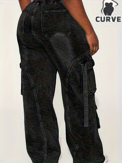 Large Sized Multi Pocket Waist And Headband with Elastic Drawstring Denim Workwear Pants