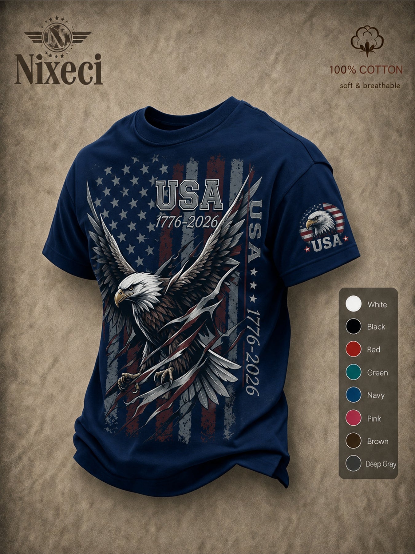 Nixeci 180G Pure T-Shirt Men'S Summer Loose Fit Crewneck Short Sleeve Vintage Patriotic American Flag Bald Eagle Graphic Print Independence Day Daily Casual Outdoor Tee