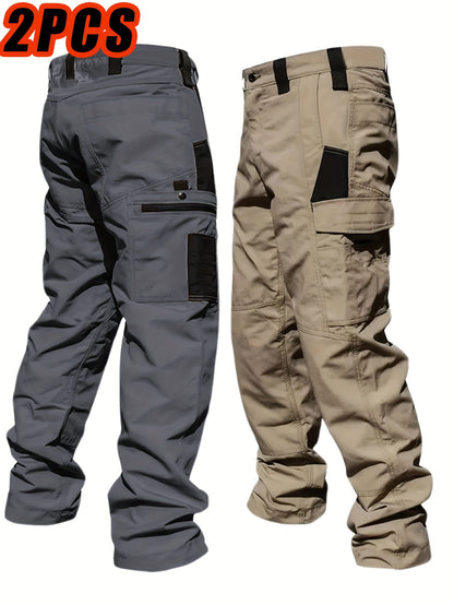 2pcs Men'S Tactical Work Pants with Spacious Multi-Pocket Design & Durable Ripstop Fabric, Outdoor Pants for Camping, Climbing, Fishing, Hunting, Straight-Leg Fit with Belt Loops, Rugged Style, All-Season Pants