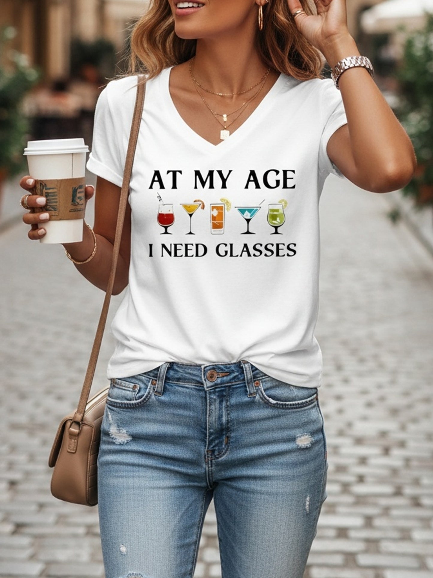 Women'S Funny "At My Age I Need Glasses" Graphic T-Shirt - White V-Neck Tee with Wine Glasses Design - Casual Everyday & Halloween Party Outfit - Standard Size Women'S Top for Mature Humor Lovers, Funny T Shirts, Humorous Clothing, Playful Design, Comfort