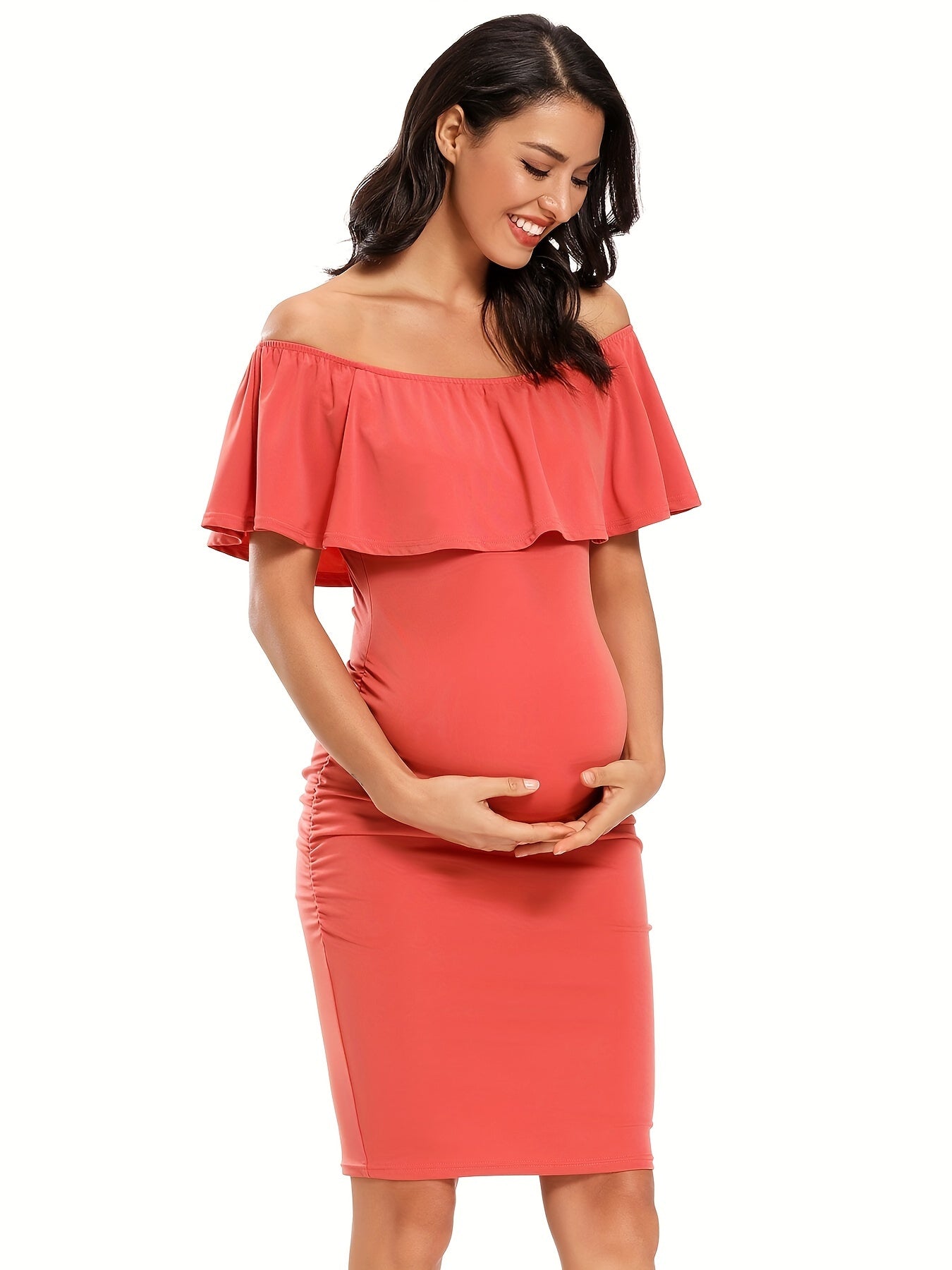 Women's Maternity Dress Off Shoulder Ruffle Sleeveless Bodycon Dress for Baby Shower