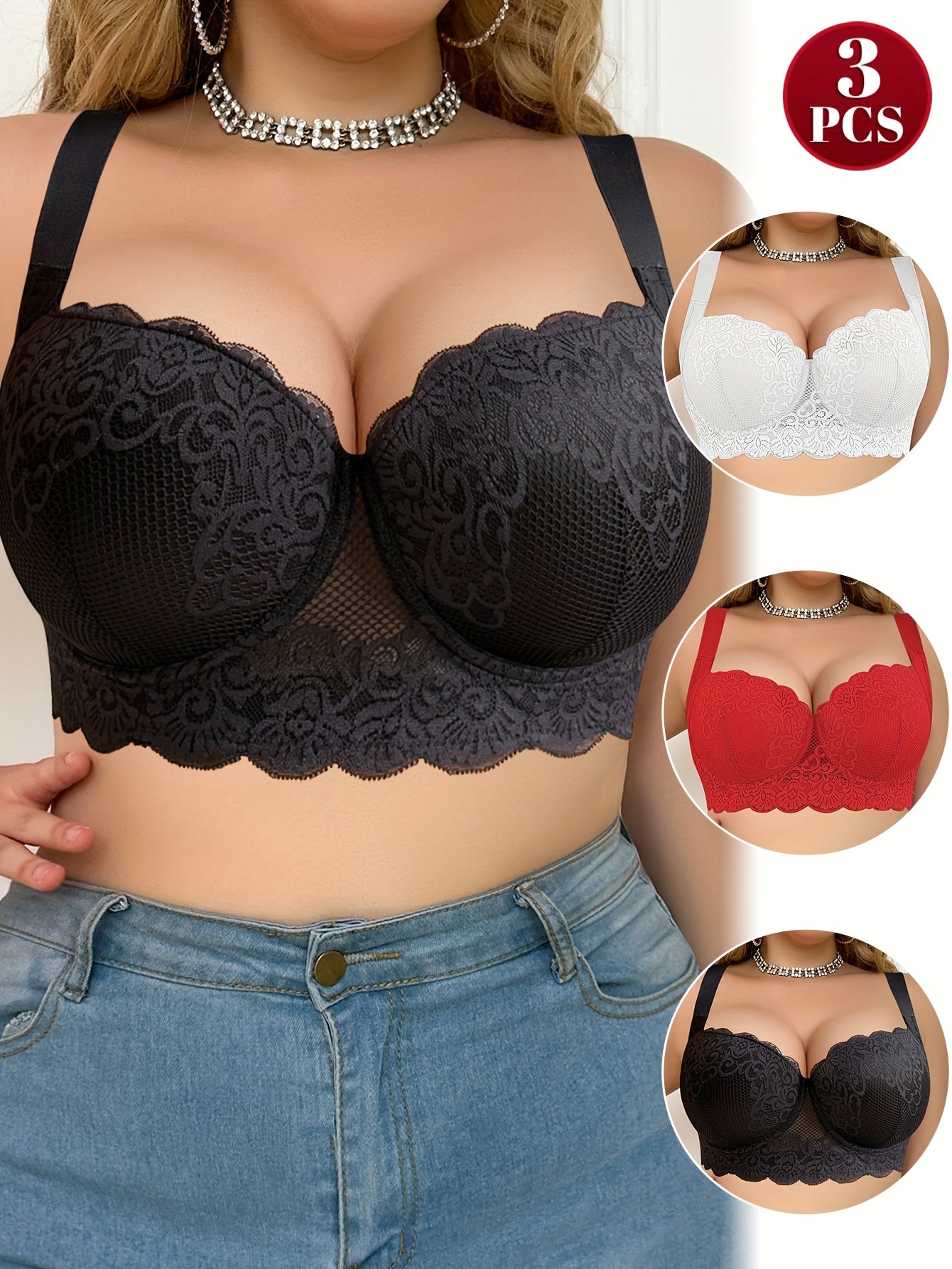 3pcs Large Size Women' Elegant Lace Underwire Bra - Full-Coverage Lift Suitable for Daily Wear & Special Occasions, Adjustable Shoulder Straps, Non-Detachable Pads, Boning, Shipped from Local Warehouse (Hand Washable)