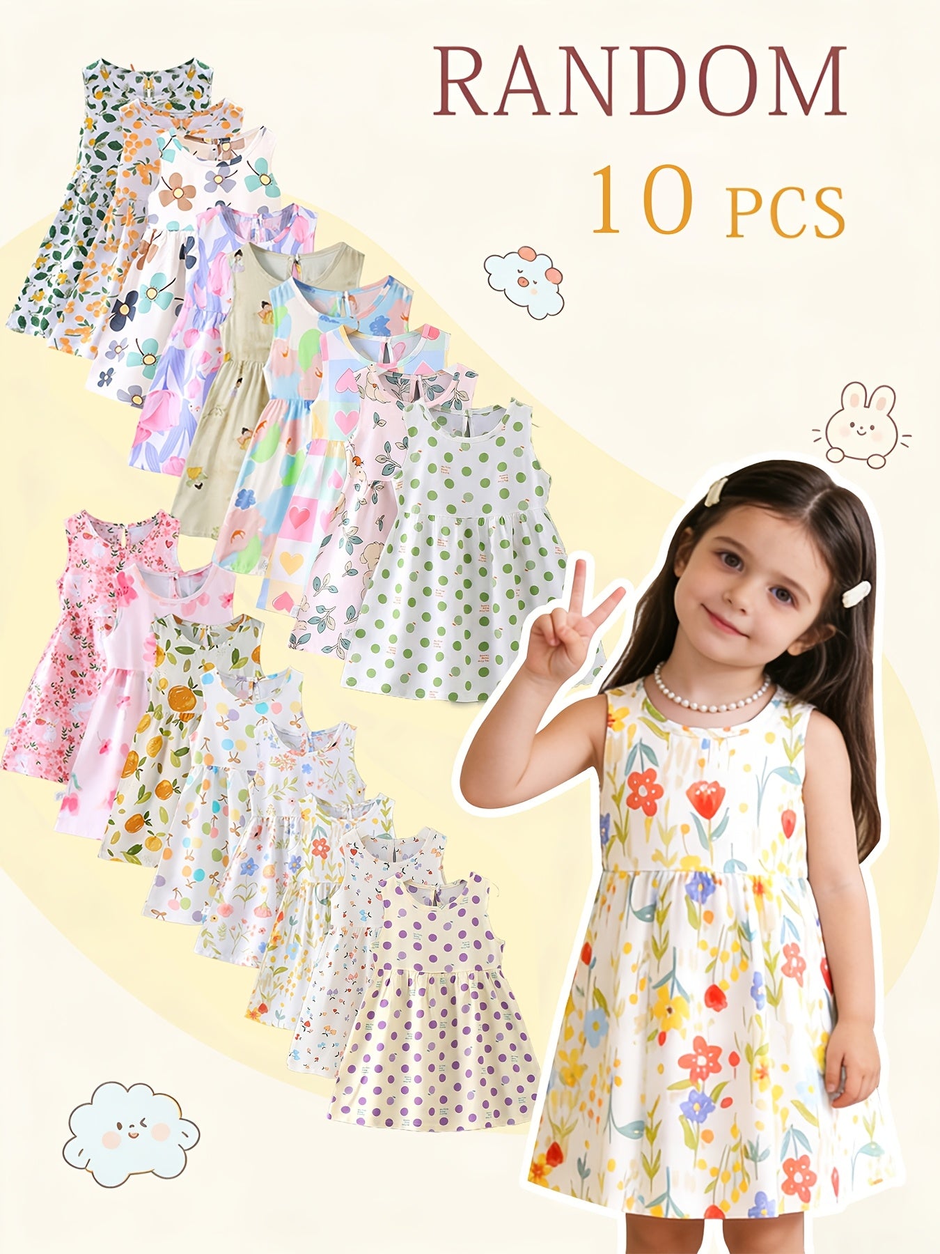 10pcs Set with Random Patterns - Children's Dresses, Summer Fashion, Girls' Beach Dresses, New Style Girls' Vest Dresses
