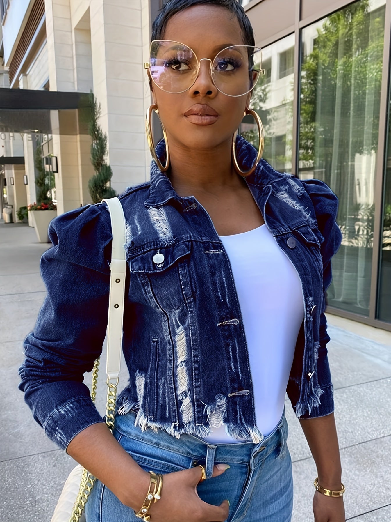 Women's Ripped Denim Jacket Casual Long Puff Sleeve Button Cropped Jean Coats for Women