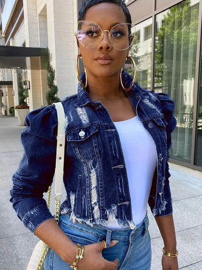 Women's Ripped Denim Jacket Casual Long Puff Sleeve Button Cropped Jean Coats for Women