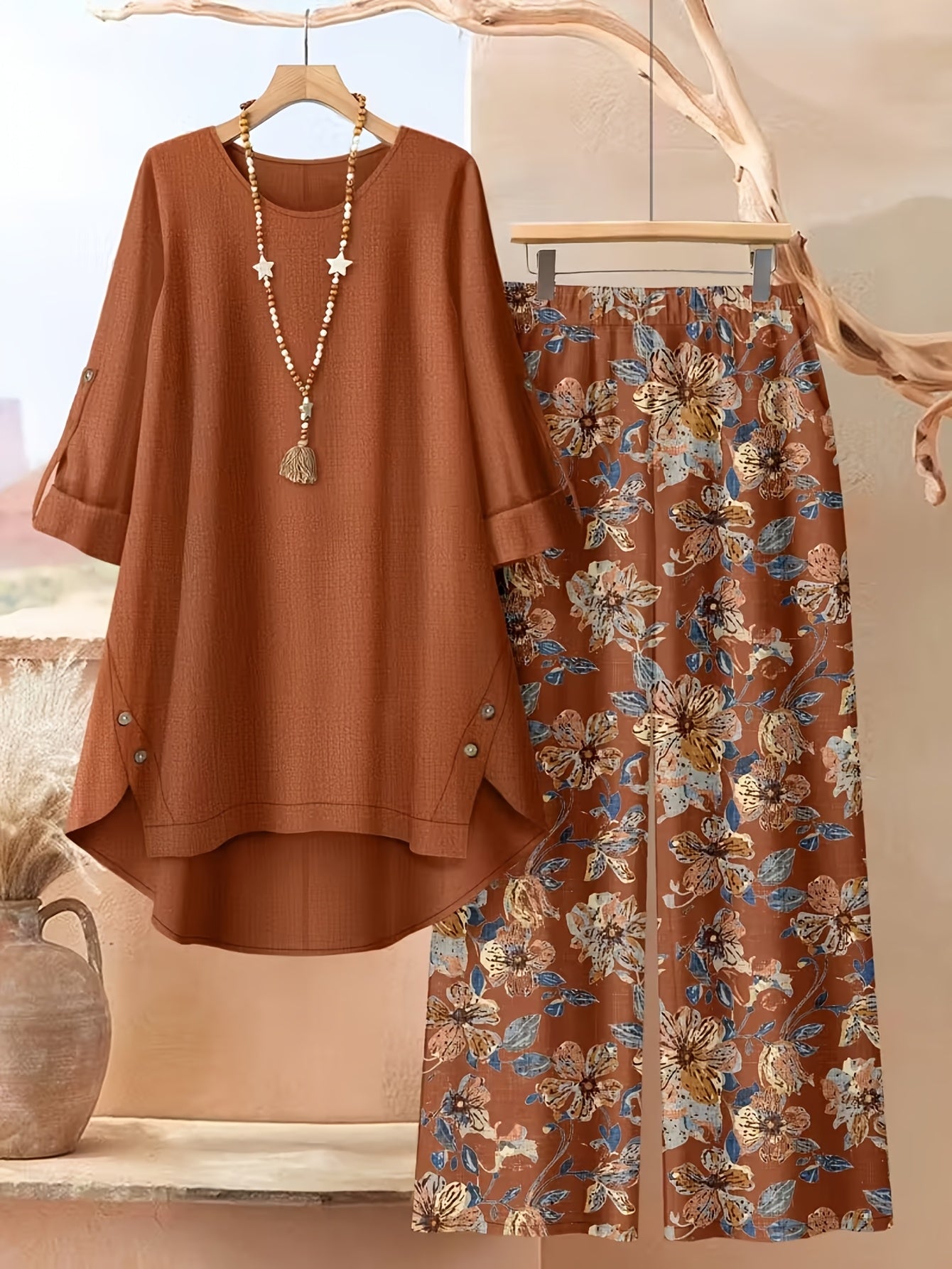 Women's Khaki Floral Printed Wide-Leg Pants - product view 3