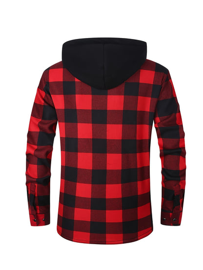 Men's Hooded Plaid Shirt Jacket with Flannel Lining - Thickened Winter Coat, Button Front, Black/White/Gray/Beige Plaid, Euro/American Sizing, Casual Outdoor & Formal Wear (Hand Washable) - Blazer Coat for