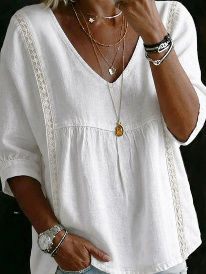 Women'S V-neck Loose-fit Top With Lace Panels; Elegant Design, Three-quarter-length Puff Sleeves, Lace Cut-out Detailing At The Sides, Figure-flattering Cut That Conceals The Tummy; Perfect For Bohemian-inspired Office Wear