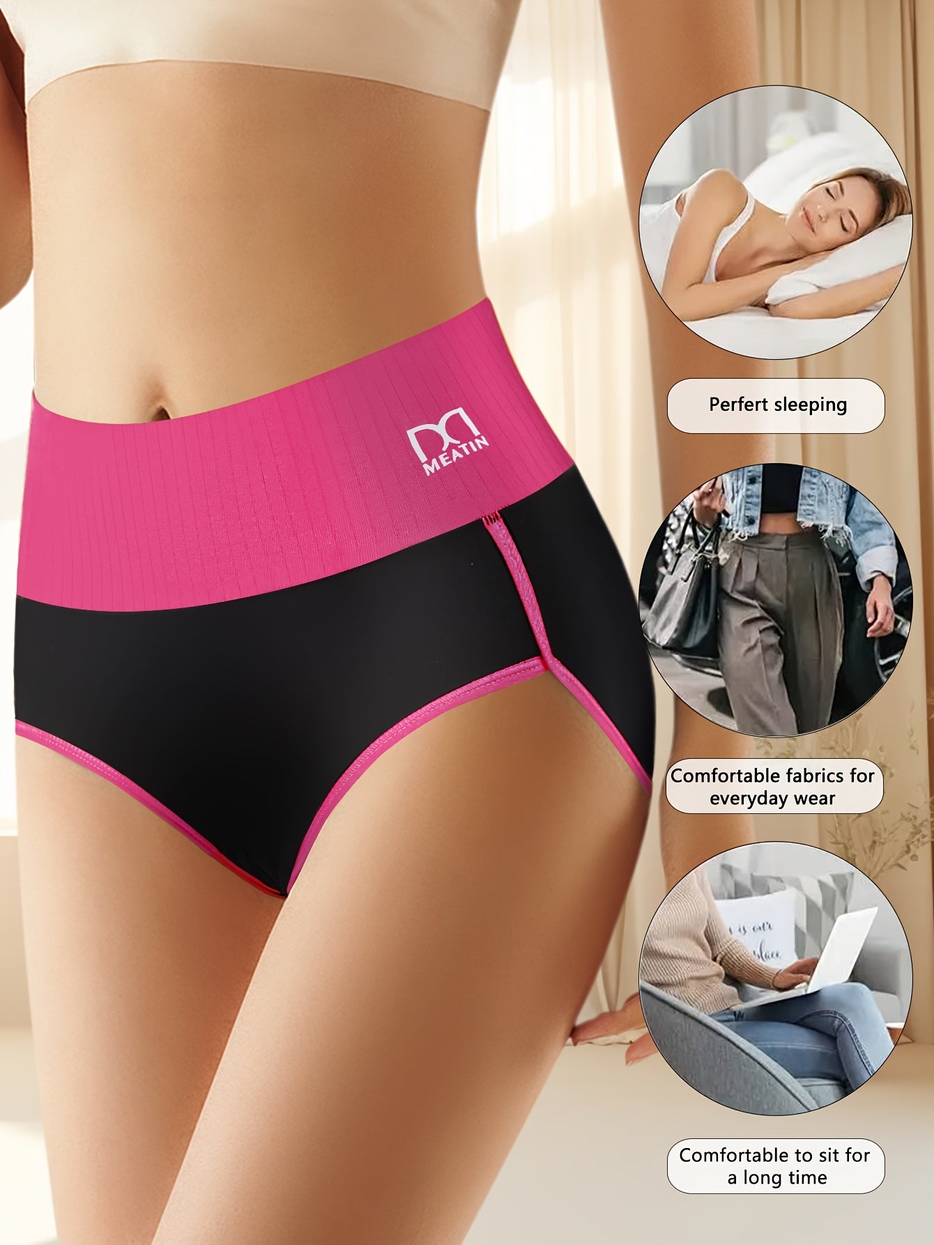 5pcs Women's High Waisted Underwear - Tummy Control Full Coverage Panties with Soft Seamless Briefs, Contrast Color Belt & Striped Minimalist design - Full-Elastic-Rim High- Triangle Briefs for Daily Wear (5pcs)