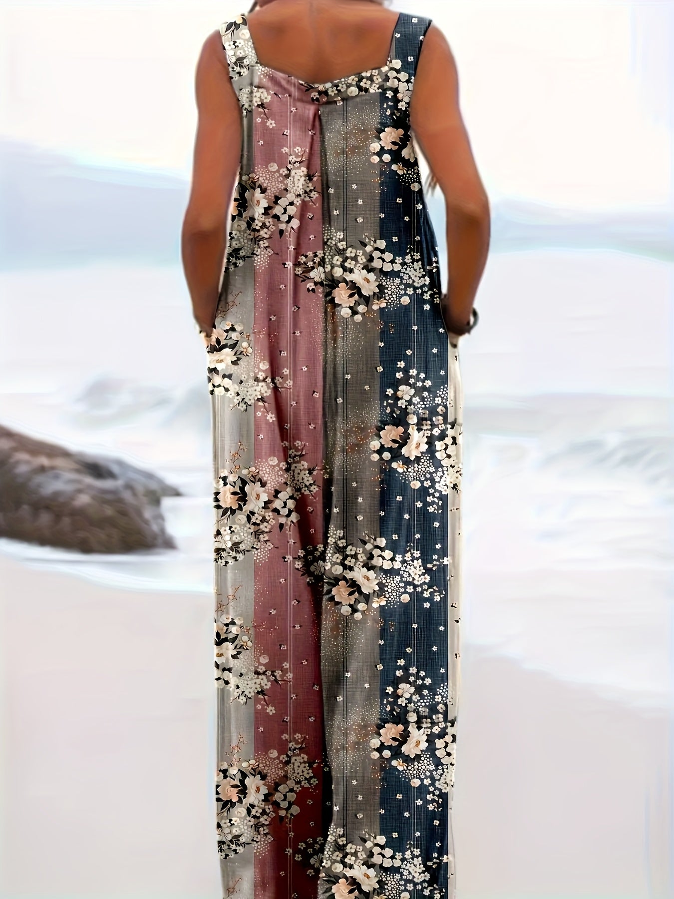 Bonbon Summer Getaway Print Loose Sleeveless Square Collar Pantsuit for Women