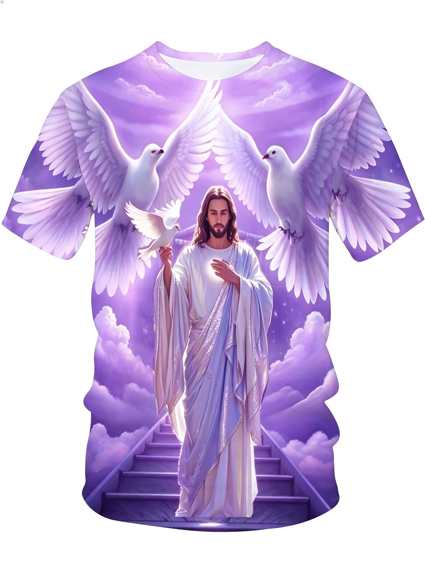 Jesus Christ With Doves And Heavenly Stairs Religious Christian T-Shirt For Men Full Print Design Faith Inspired Apparel, Plus Size