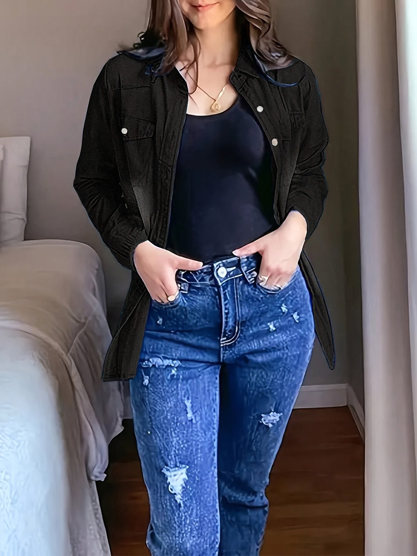 Denim Shirt Women's, Casual Jeans Western Style, Long Sleeved Button Up Top