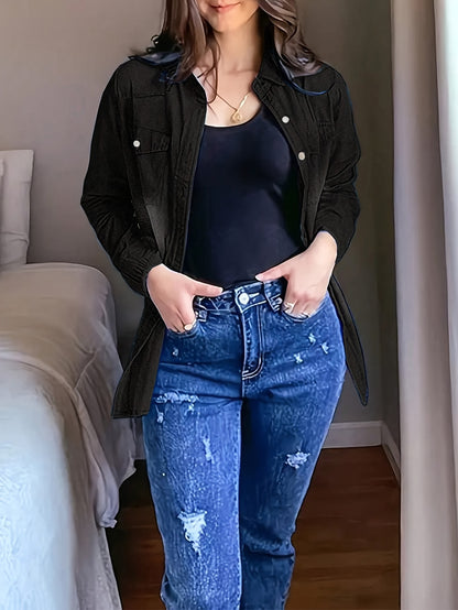 Denim Shirt Women's, Casual Jeans Western Style, Long Sleeved Button Up Top