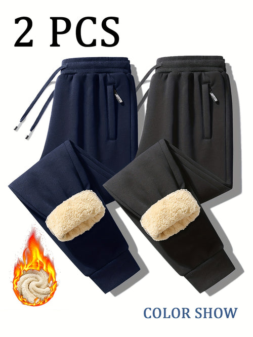 2pcs Winter Men's Warm Lamb's Fleece Casual Pants, Loose-Fit Essential for Home and Daily Wear, Simple Fleece-Lined Casual Pants with Elastic Waistband, Hidden Zipper Pocket Design, Cuffed Hem for Warmth, Loose and Long Fit. Simple and Versatile