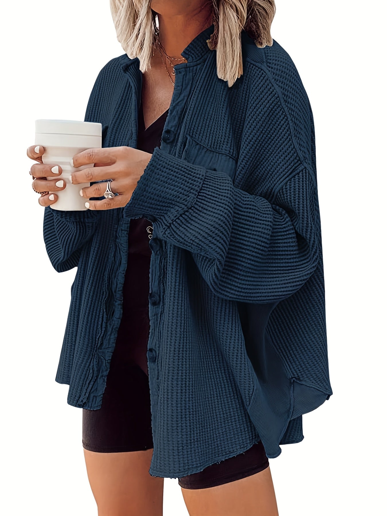 Women's Chic Oversized Waffle Jacket - Long Coat with Lapel Collar & Front Buttons, Machine Washable Winter Jacket for Everyday Formal Outfits - Cozy Fall and Winter Outerwear, Seasonal Fashion, Relaxed Fit, Durable Stitching, Casual Wear