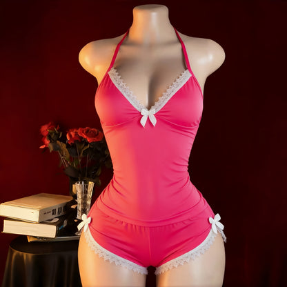New Arrival Lingerie Seductive Halter Ruffle Sexy 2pcs Pajama Set, Women's Cami & Shorts Loungewear