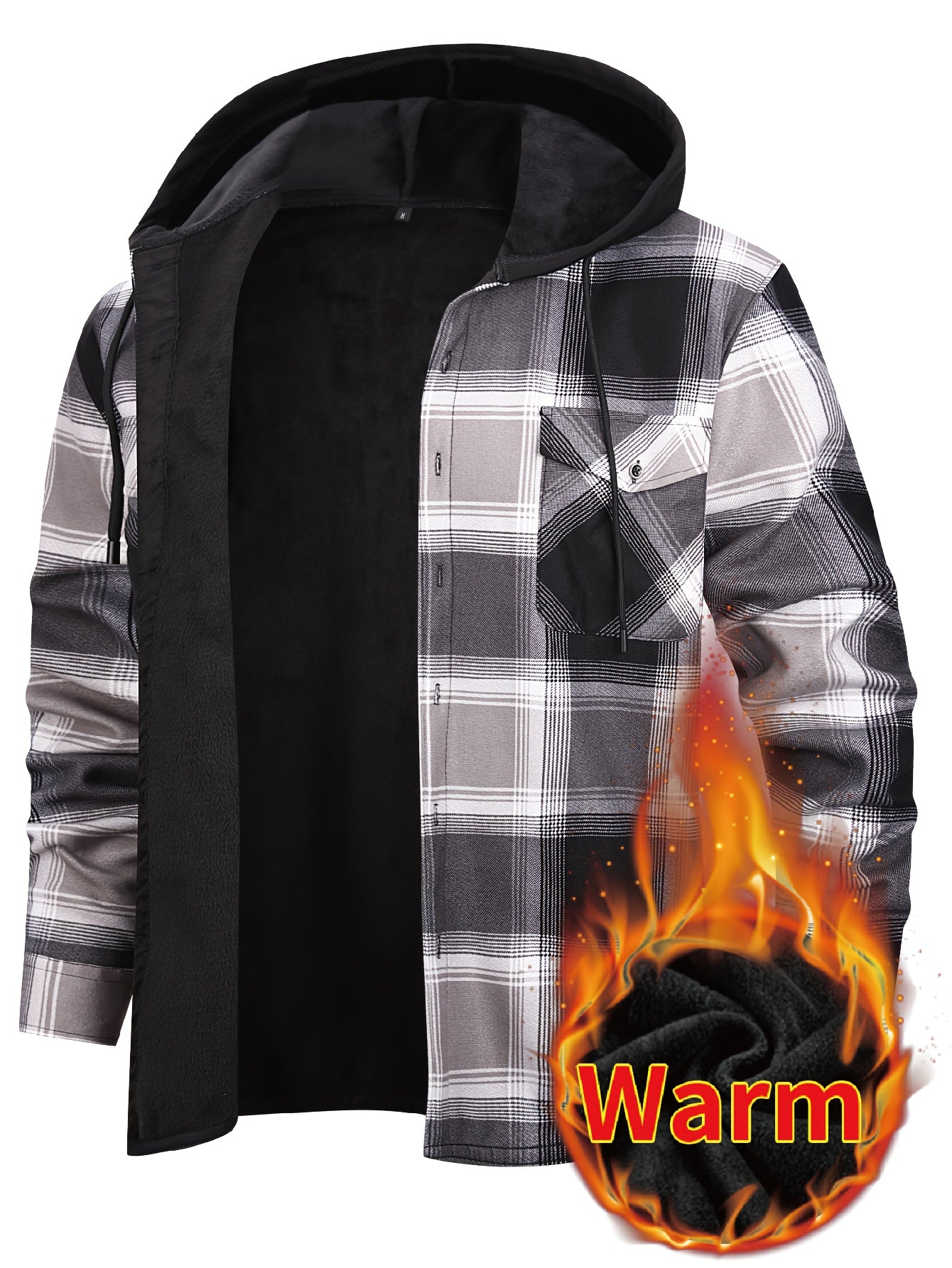 Men's Hooded Plaid Shirt Jacket with Flannel Lining - Thickened Winter Coat, Button Front, Black/White/Gray/Beige Plaid, Euro/American Sizing, Casual Outdoor & Formal Wear (Hand Washable) - Blazer Coat for
