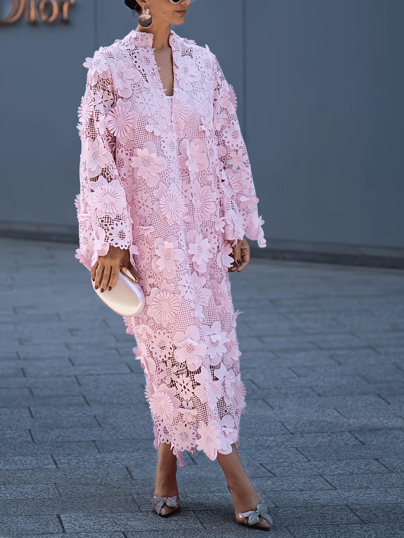 Elegant Women's Solid-Color Round-Neck Long-Sleeve Dress with Lace-Up 3D Floral Design Perfect for Parties, Weddings, Dates, Travel, And Commuting