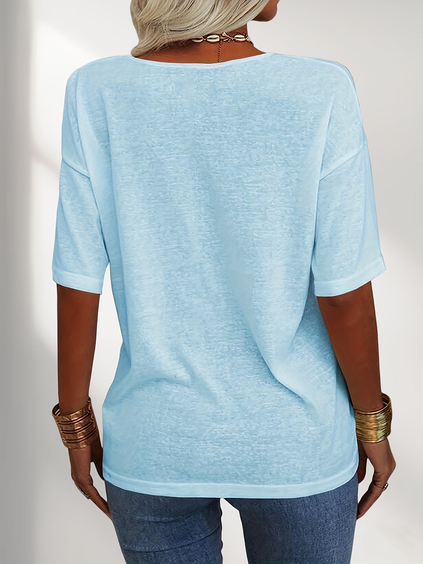 Women Fashion V-Neck Half Sleeves Oversized T Shirt Solid Casual Loose Basic Tops