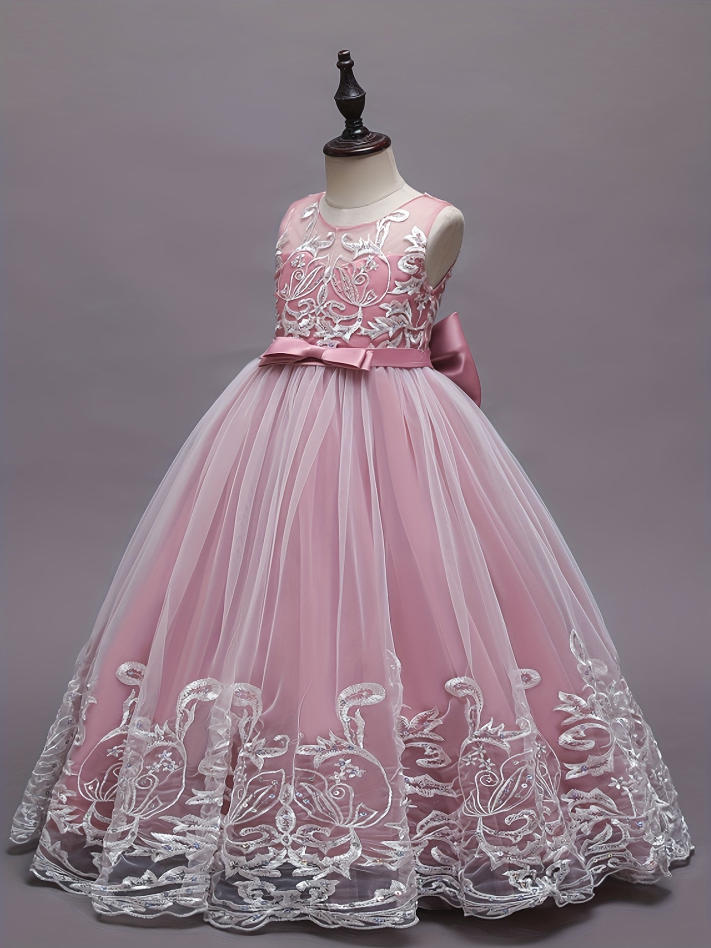 Flower Girl Lace Dress for Kids Wedding Bridesmaid Pageant Party Formal Long Gown Princess Communion Tulle Bow Dresses