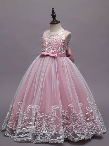Flower Girl Lace Dress for Kids Wedding Bridesmaid Pageant Party Formal Long Gown Princess Communion Tulle Bow Dresses