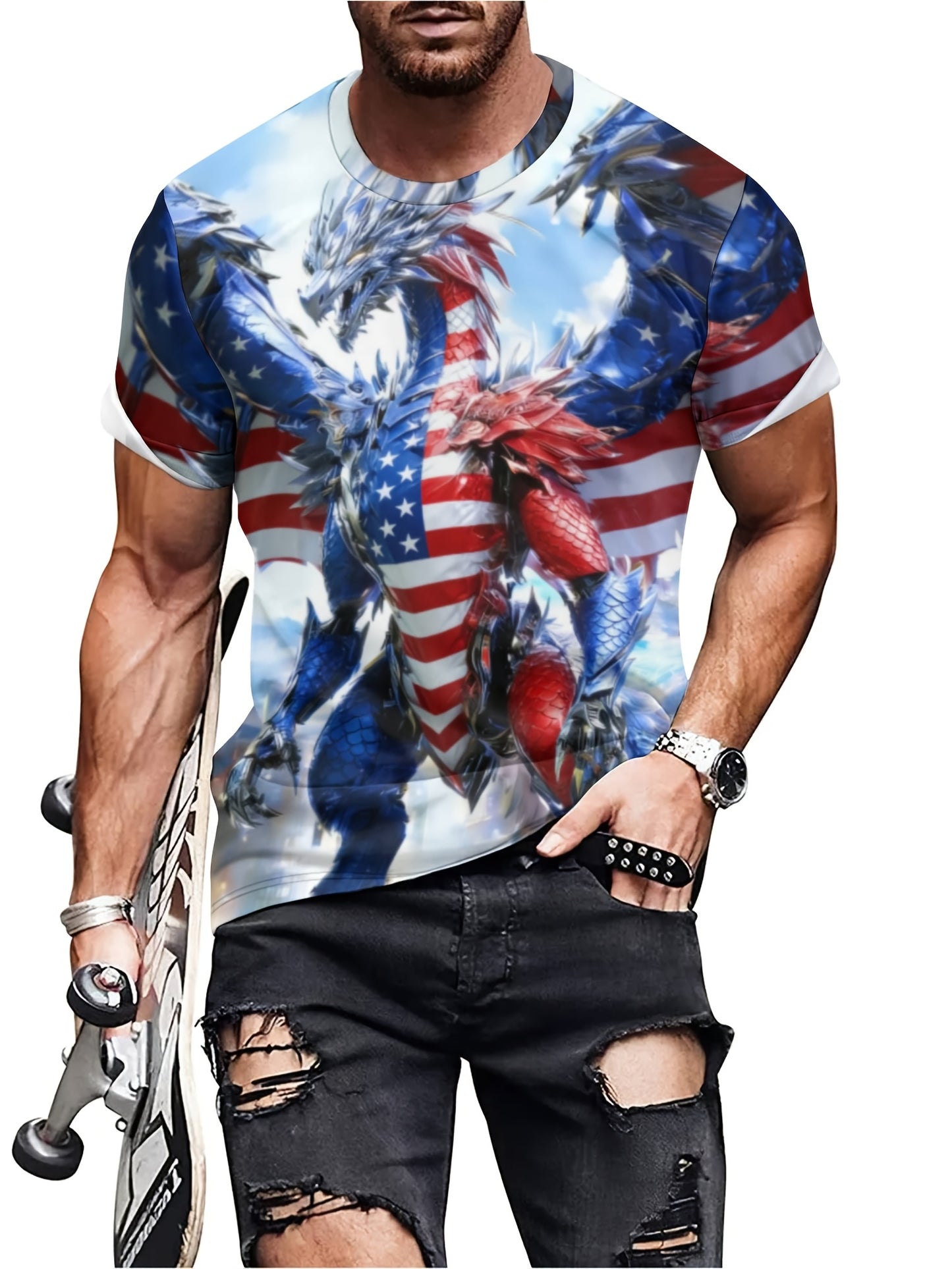 Wuwei Mechanical Blue Dragon 3D Pattern Printed Men's Graphic T-Shirt Comfort T-Shirt, Short Sleeve Pullover, Men's Summer Outdoor Clothing