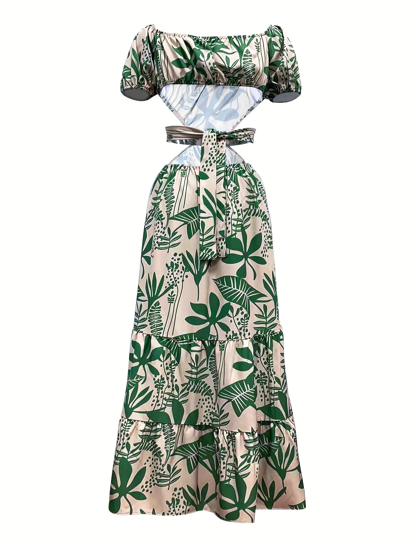 [Print Maxi Dress] Print Maxi Dress for Women - Chic Summer Commuter Style with Ruffle Hem And Tie Detail, Breathable, Machine Washable, Summer Commuter Wear|Split Sleeve Dress|Glossy Fabric, Casual Summer Dresses