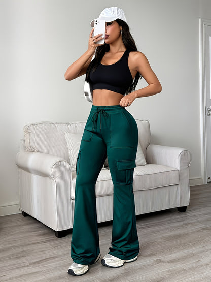 Women'S Solid Color Casual Drawstring Wide-Leg Sweatpants With Pockets, Elastic Waist Micro Flare Cargo Pants, Stretchy Pants For Daily Casual & Wear