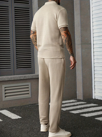 2pcs Men's Summer Commuter Casual Suit: Textured Fabric Half-zip Shirt Paired with Stitched Front Trousers, 2pcs Menswear, Vintage Style, Comfortable Fit.