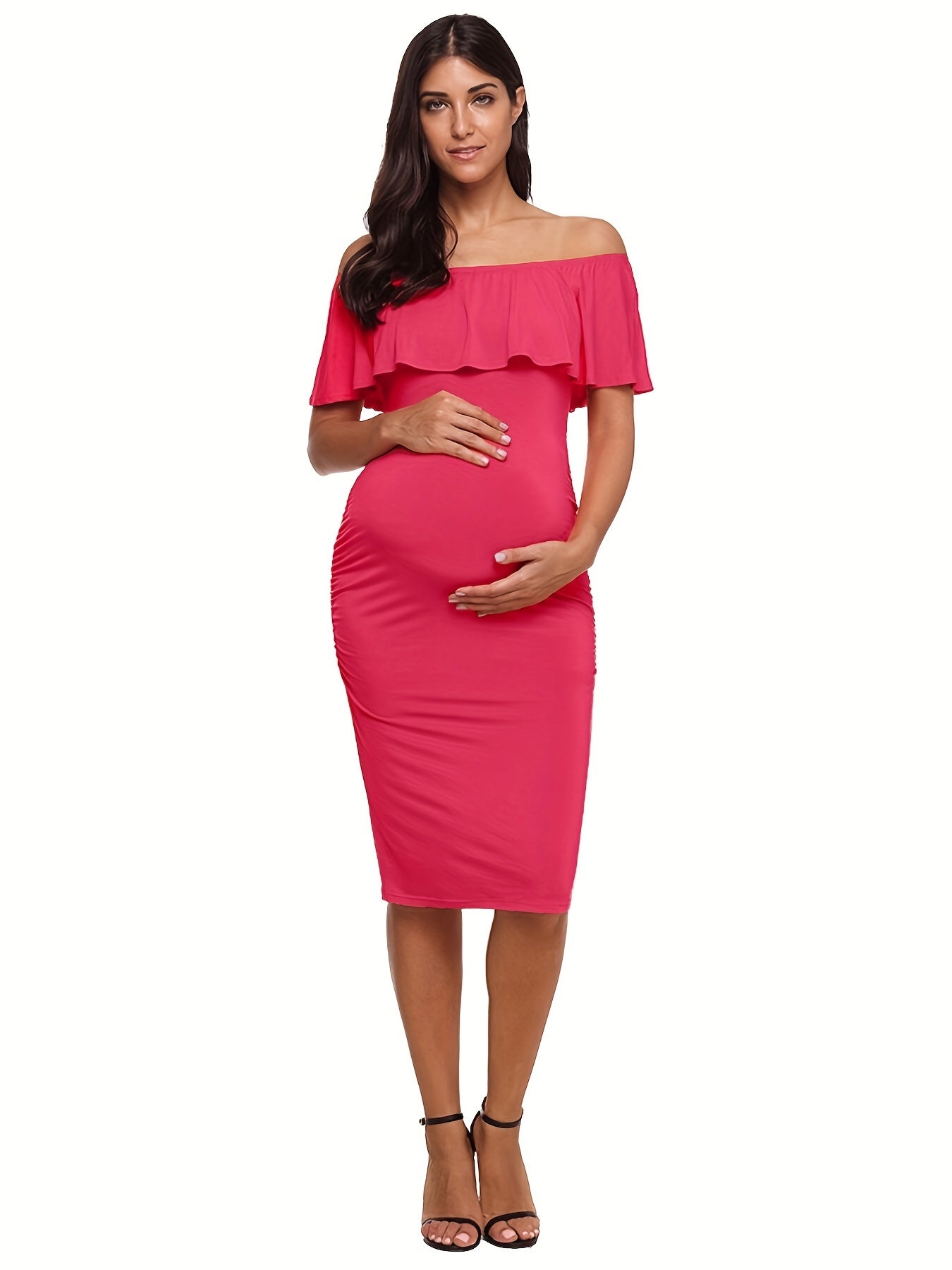 Women's Maternity Dress Off Shoulder Ruffle Sleeveless Bodycon Dress for Baby Shower