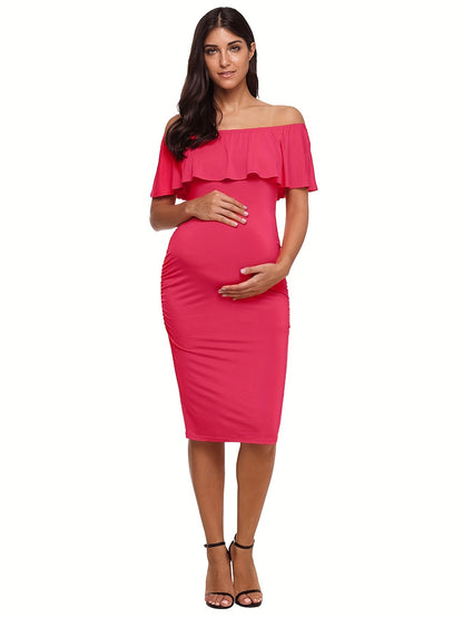 Women's Maternity Dress Off Shoulder Ruffle Sleeveless Bodycon Dress for Baby Shower