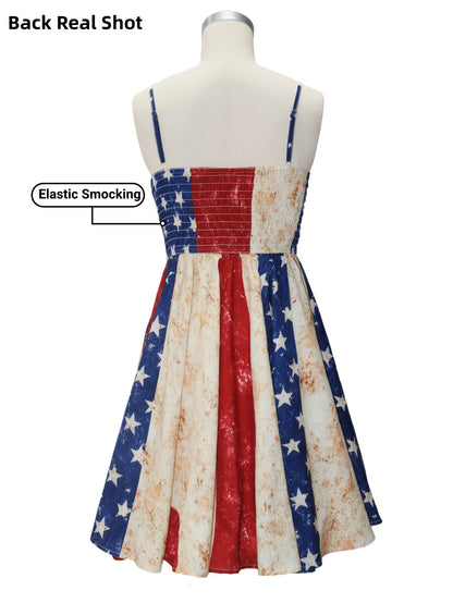 [Independence Day Style] Women's Retro Independence Day Style Camisole V-Neck Padded A-Line Waist Belted Fashion Dress