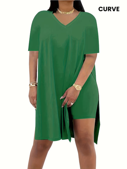 Two-Piece Outfit for Plus-Size Women Featuring a Casual V-Neck Short-Sleeve Top with Side Slits And Drawstring Leggings, Made from Comfortable, Ideal for Everyday Wear
