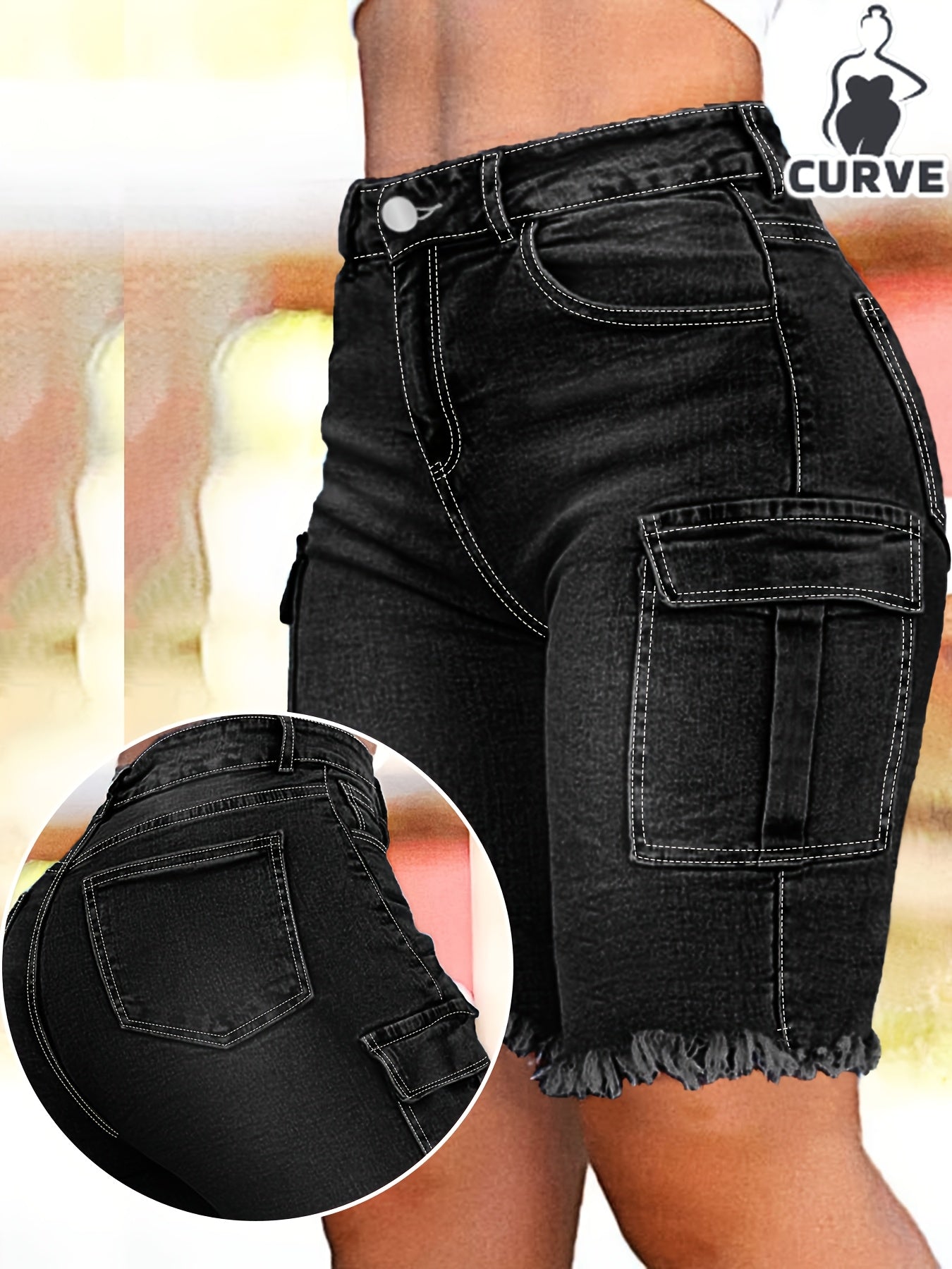 Plus Size Women's Black Denim Knee Length Shorts, High Waist Stretch Slim Fit, Side Flap Pockets, Frayed Hem, Casual Daily Wear, Machine Washable, Spring Summer Wear