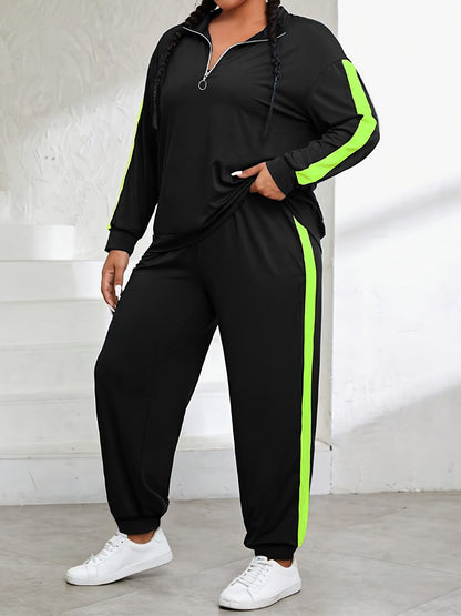 Plus Size, Plus Size Women's Spring And Autumn Contrast Color Casual Suit, Half Zip Pullover Long Sleeve Top And Trousers Two-Piece Set