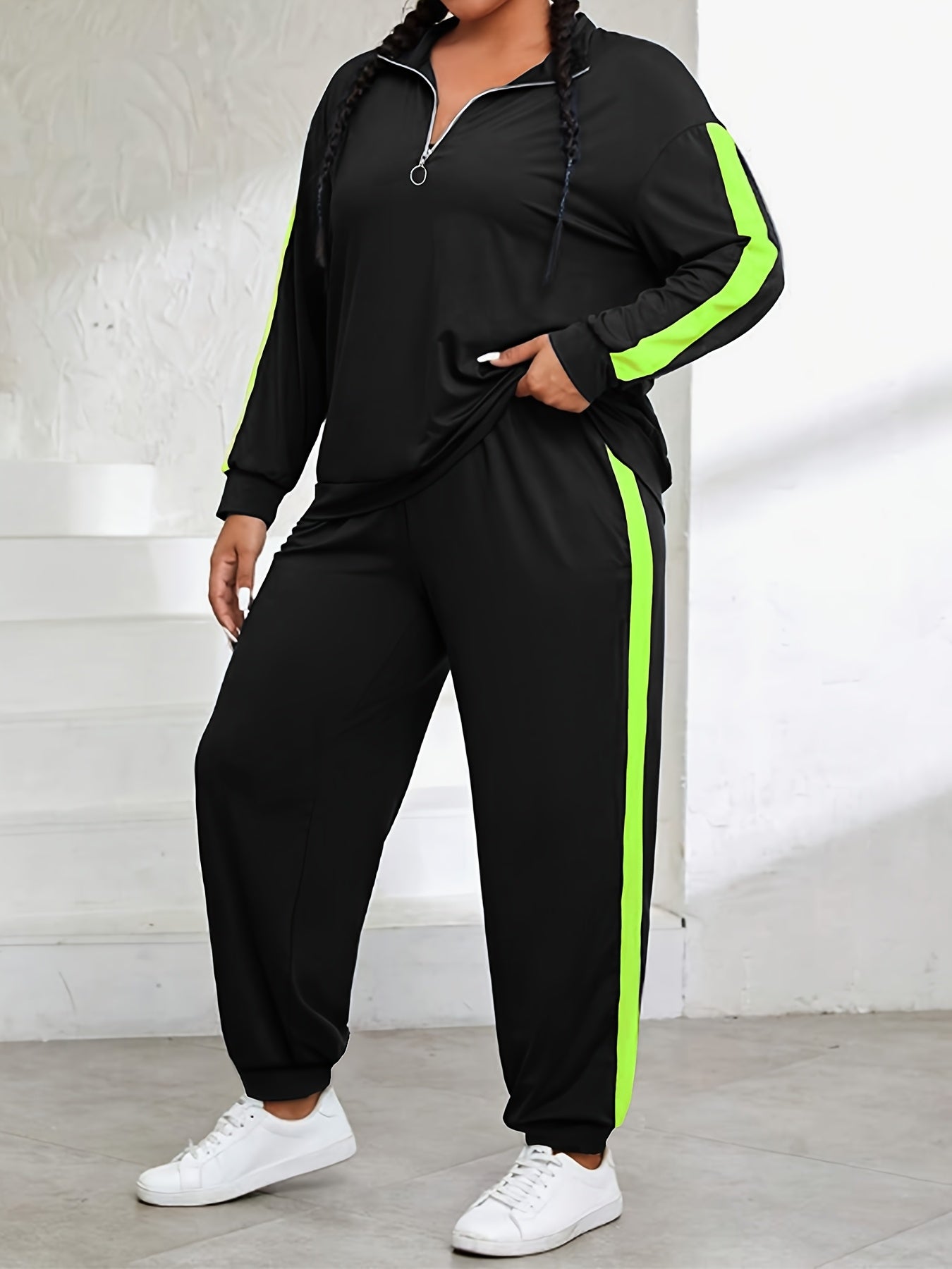 Plus Size, Plus Size Women's Spring And Autumn Contrast Color Casual Suit, Half Zip Pullover Long Sleeve Top And Trousers Two-Piece Set