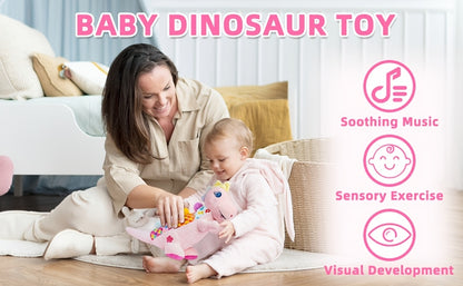 Baby Musical Plush Stuffed Pink Dinosaur Toy with Texture, Crinkle Sound Paper, Squeaky, Rattle, Time Toy for Babies 0-3-6-12+ Months, Great As Easter, Christmas, Halloween And Birthday Gift for Baby Boys And Girls.