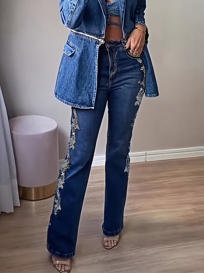 Dark Blue Denim Boot Cut Jeans for Women Featuring Printed Side Designs