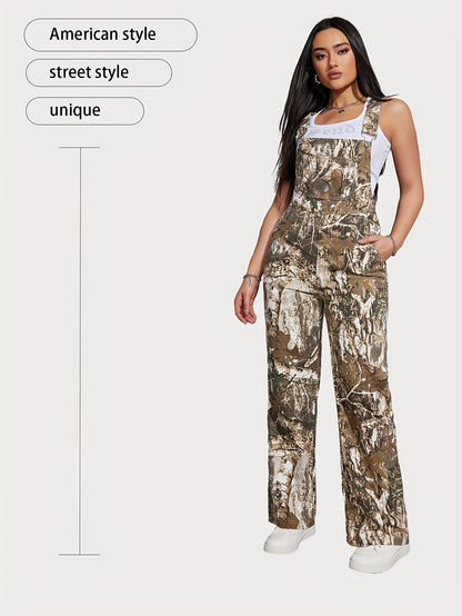 Adjustable-Length Camouflage Cargo Overalls for Women, Featuring a Trendy Design for Spring And Autumn, with Pockets And No Stretch