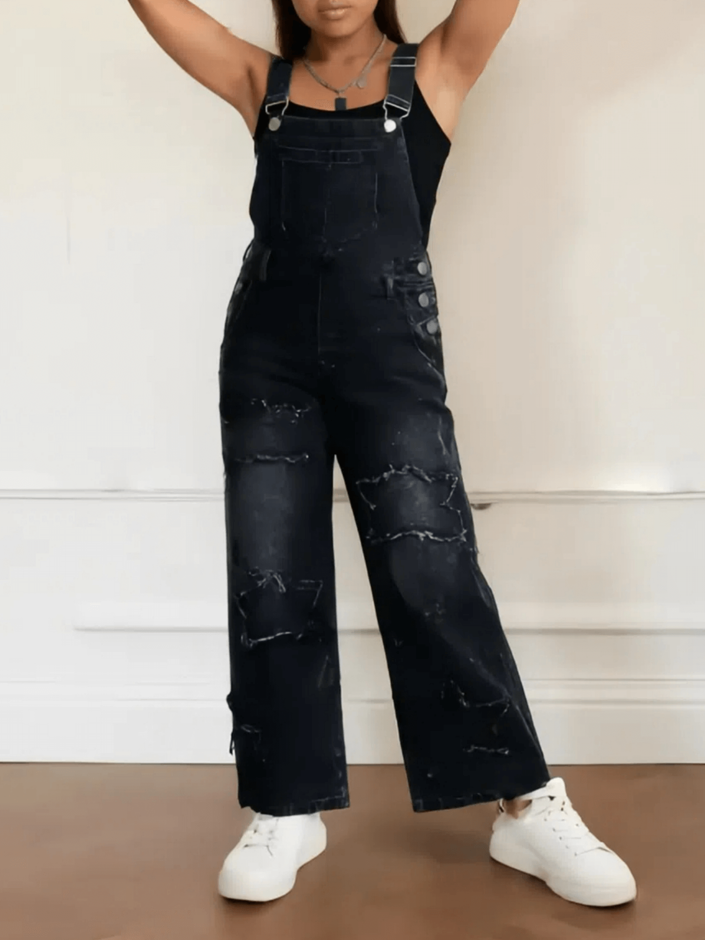 Teen Girls' Wide-Leg Denim Overalls with Star Embroidery Everyday Outfits - Machine Washable Teen Loose Fit Long Denim Machine Washable All-Season Casual Jeans for Teens Durable Fabric, for Outdoor