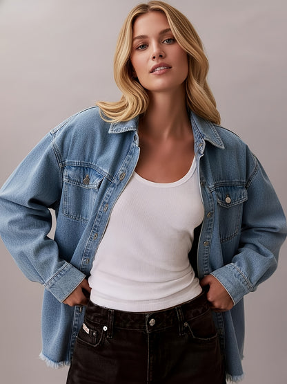Casual Long-Sleeve Oversized Denim Jacket for Women, Distressed Jean Shirt for Fall Outfits in 2025