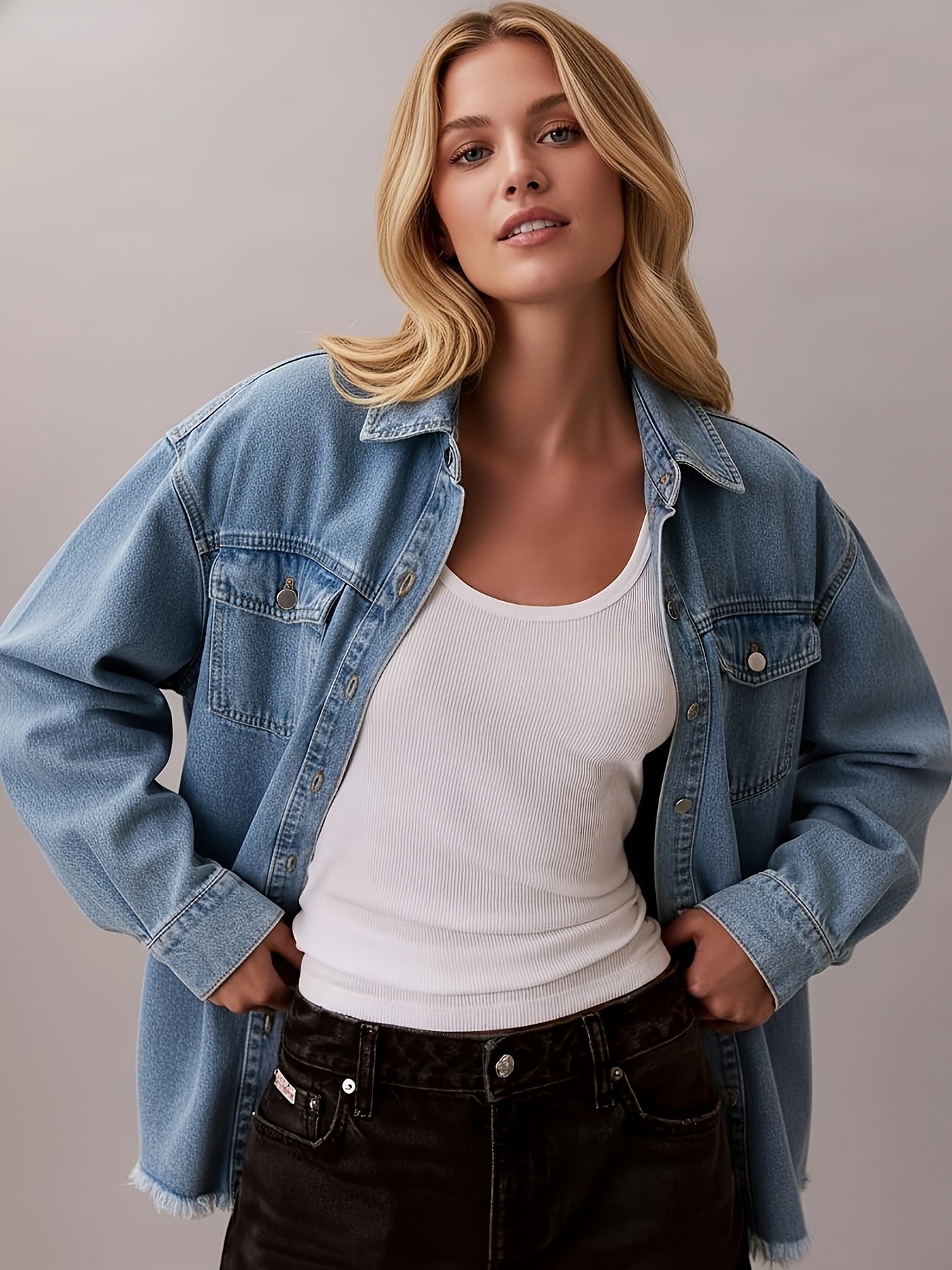 Casual Long-Sleeve Oversized Denim Jacket for Women, Distressed Jean Shirt for Fall Outfits in 2025