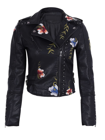 Women's Floral Faux Moto PU Jacket Coat