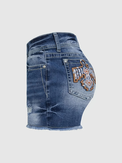 Women's Medium Blue Cotton Slim-Fit Denim Shorts - product view 12