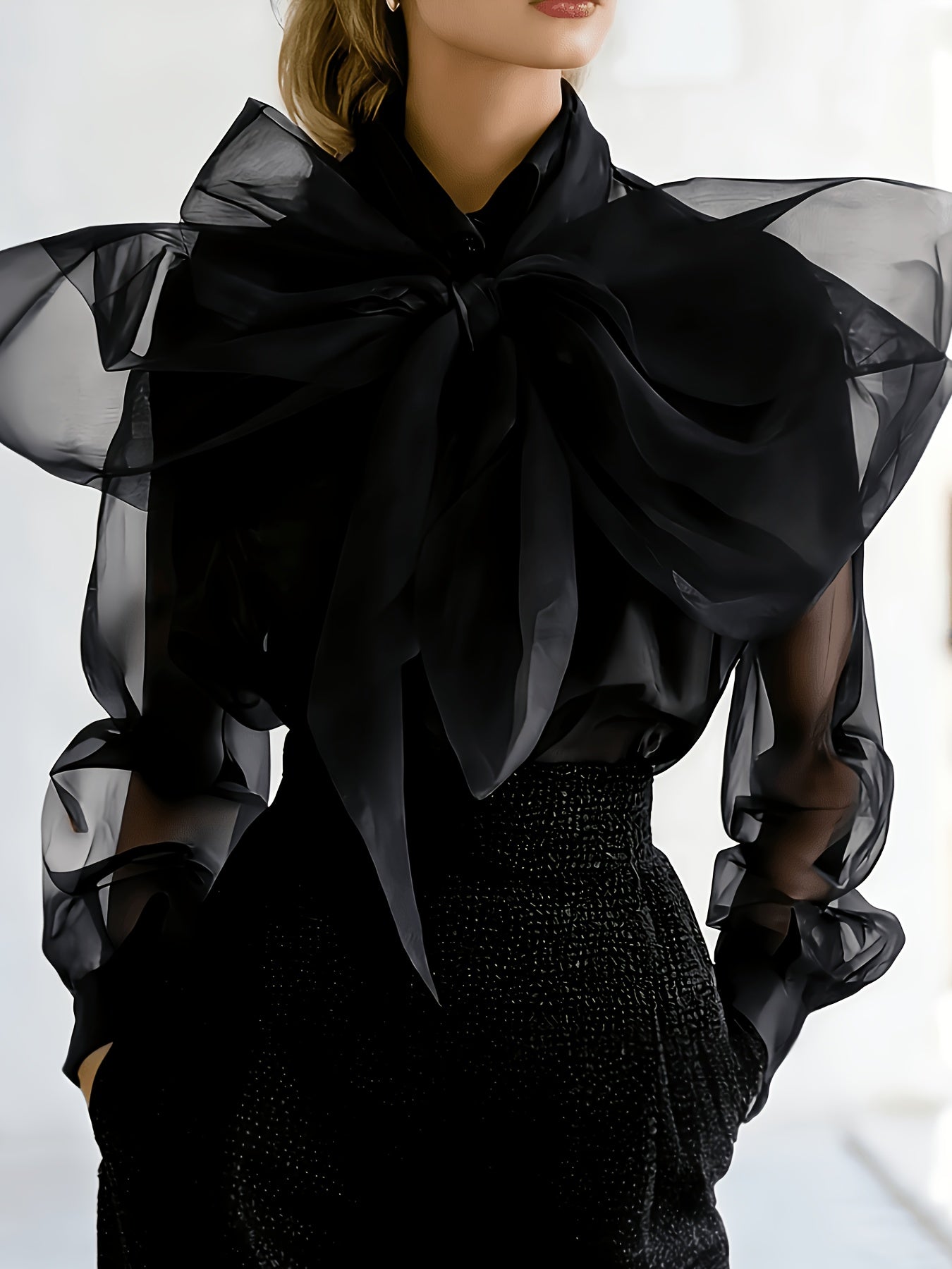 Women's Purple Sheer Chiffon Oversized Bow Neck Blouse - Elegant Fashion Long Sleeve Transparent Shirt for Date Night Party Casual Chic Top